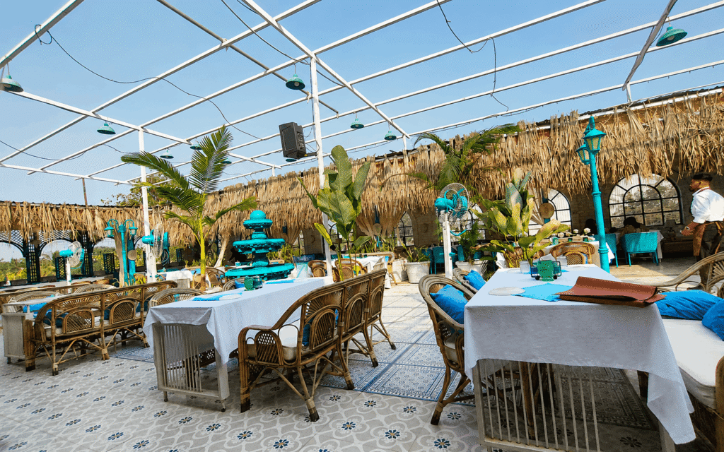 Sonna's kitchen rooftop seating and dining area at one of the Live Music Restaurants in Sambhajinagar.