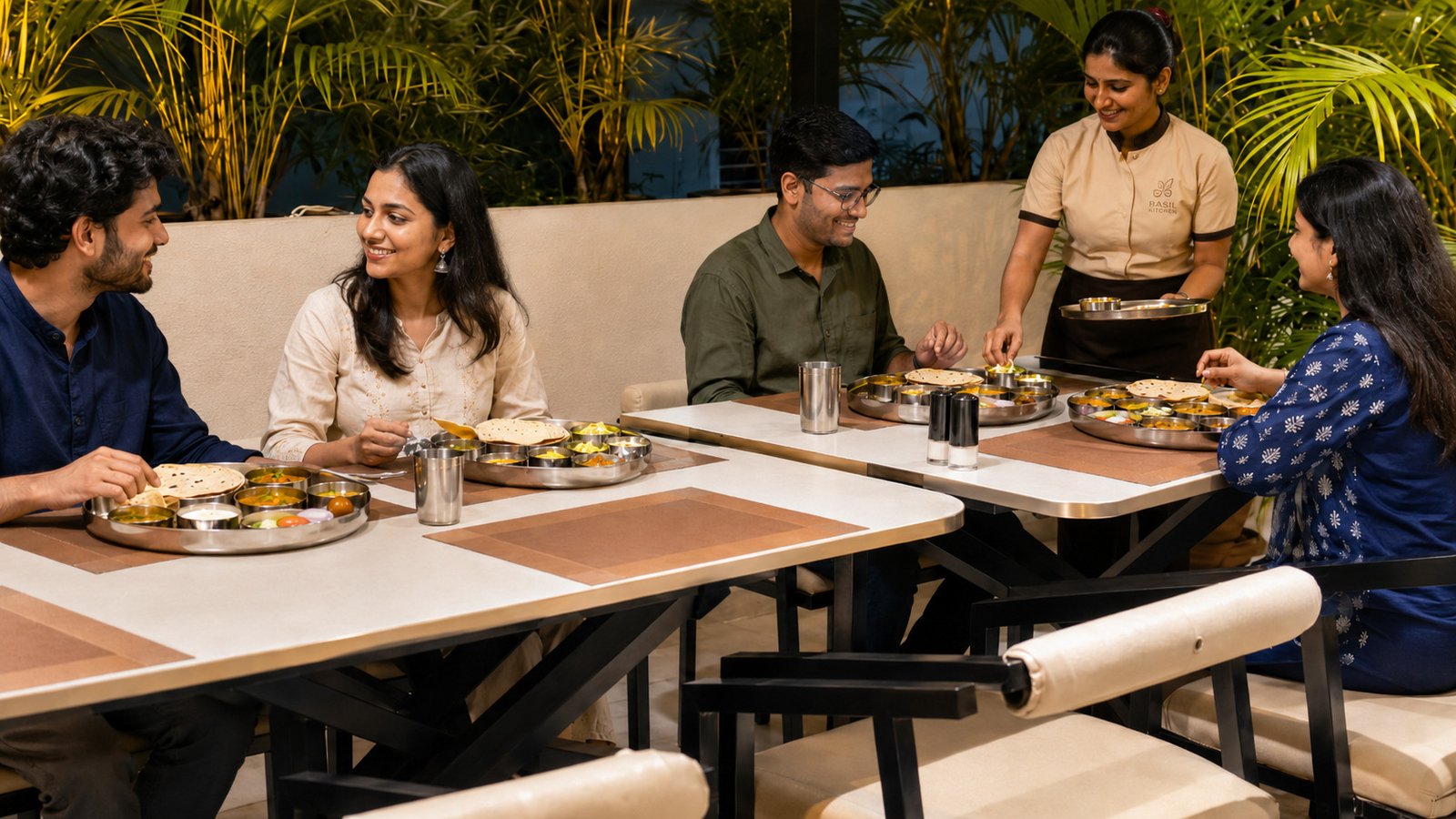 Friends and family enjoying Indian food at the Best Rooftop Restaurant in Sambhajinagar
